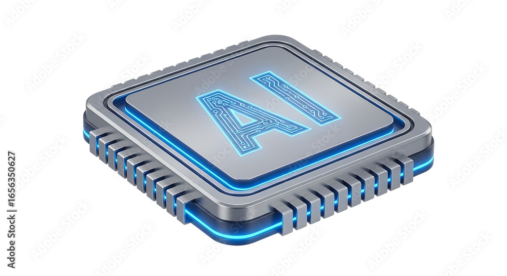 Poster high-tech microchip graphic with glowing ai design on isolated transparent background
