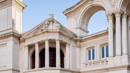 Obraz premium Elegant stone portico with towering classical columns at the entrance of a luxurious historic building.
