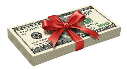 Stacks of cash wrapped with a red ribbon, symbolizing gifts and financial fortune in an isolated format
