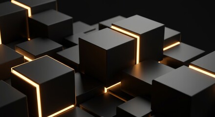 Obraz premium Illuminated Black Cubes: Abstract 3D Geometric Design with Warm Gold Accents
