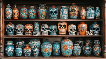 Fototapeta premium Decorative ceramic skulls and vases in a display cabinet