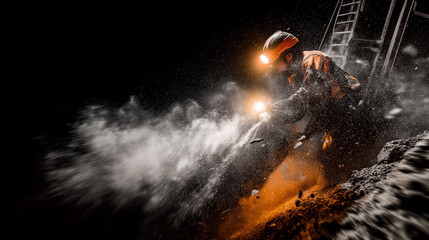 A dynamic photo of a miner operating a large drill, with dust and rock fragments flying, dramatic side lighting from the equipment's lamp, motion blur to convey action, highly detailed, high-impact.