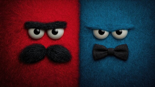 Two grumpy monsters, red and blue, face off