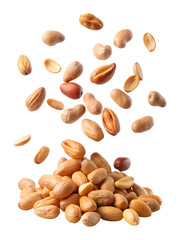 Obraz premium Falling roasted peanuts with pile isolated on a transparent white background, clipping path