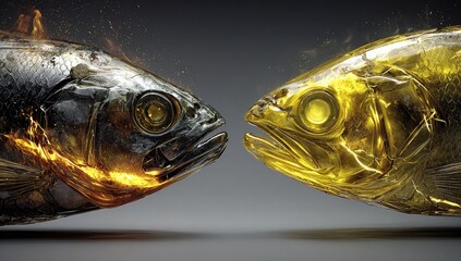 Two fish, one dark, one light gold, ablaze in flames, face to face
