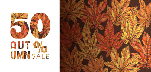 Autumn sale vector banner template with colorful hand drawn maple leaves isolated on brown background. Fall leaf vector illustration. Seasonal design for advertising flyer card  poster website