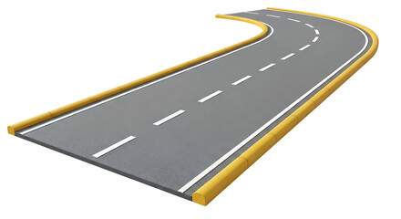 Curved asphalt road with yellow curbs isolated on transparent background for design projects