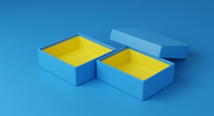 Fototapeta premium Two Open Blue Boxes with Yellow Interiors and One Closed Box on a Blue Background