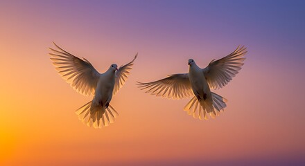 Obraz premium Two white doves flying gracefully against a vibrant sunset sky