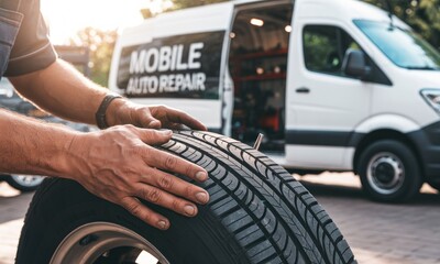 Hands inspect tire on mobile repair van