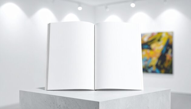 Open book mockup with blank pages standing on a pedestal in a bright, modern art gallery for creative presentation.