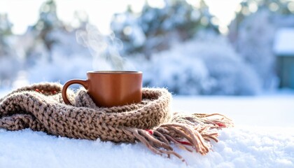 Obraz premium Embrace the serene beauty of a crisp winter morning with a steaming hot beverage, offering warmth and cozy comfort amidst a picturesque snowy landscape and frosted trees.