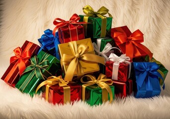 Stacked, shiny presents with various colored ribbons on fluffy white fur, warm lighting