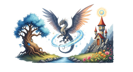 Fantasy dragon with wings soaring above a magical landscape featuring a castle, river, and vibrant trees