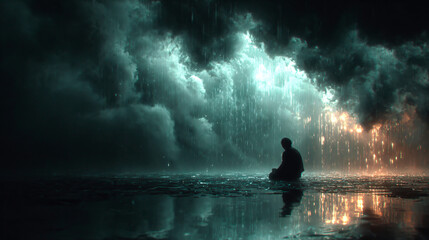 Lone figure meditating beneath heavy storm with glowing rain and clouds
