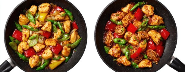 Stir-fried chicken with bell peppers and green onions in a wok