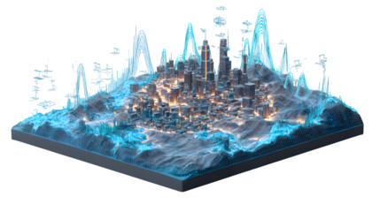 A 3D holographic map of a smart city, showing real-time traffic, weather, and energy flow data