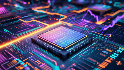 Electronic circuit board background with microchips, capacitors, and processors on a motherboard