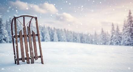 Vintage wooden sled rests in a snowy winter landscape with falling snowflakes
