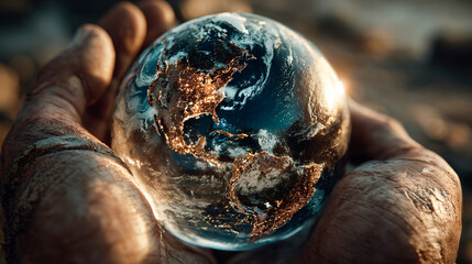 Obraz premium Human hands holding illuminated Earth globe at night