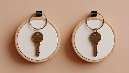Two keyrings, wooden frames, beige background