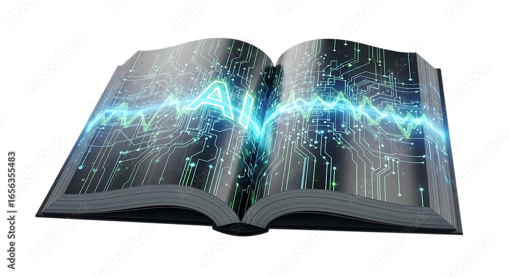 Poster innovative open book featuring artificial intelligence design with circuitry visual representation