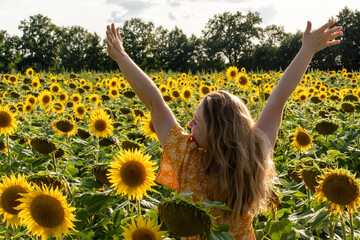 Joyful blonde woman in orange dress raising arms up in celebration among blooming sunflower field...