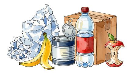 Various types of waste including food scraps, packaging, and recyclables isolated on a transparent background