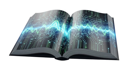 Innovative open book featuring artificial intelligence design with circuitry visual representation