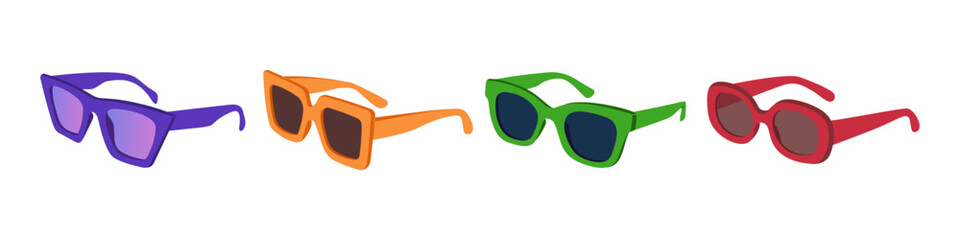 Set of sunglasses, different shapes and colors. Fashion spring summer accessory. Hand drawn vector illustration isolated on white background, modern flat cartoon style. © Olena
