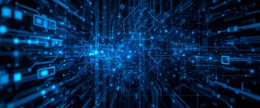 Blue Abstract teal city lights background with digital interface overlay, showcasing technological advancement and modern urban life, ideal for tech or futuristic concepts