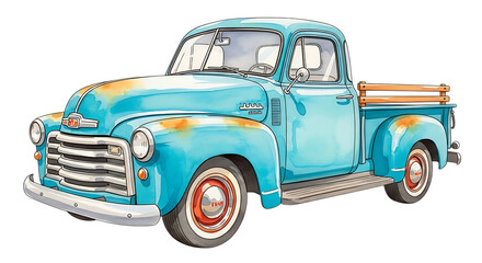 Vintage blue pickup truck with wooden bed on transparent background ready for design projects