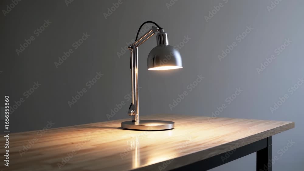 Poster modern table lamp illuminating a wooden desk in a minimalist interior setting with focus on the slee