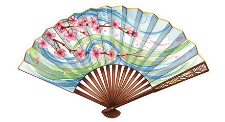 Decorative hand fan featuring cherry blossoms and flowing water design isolated on transparent background
