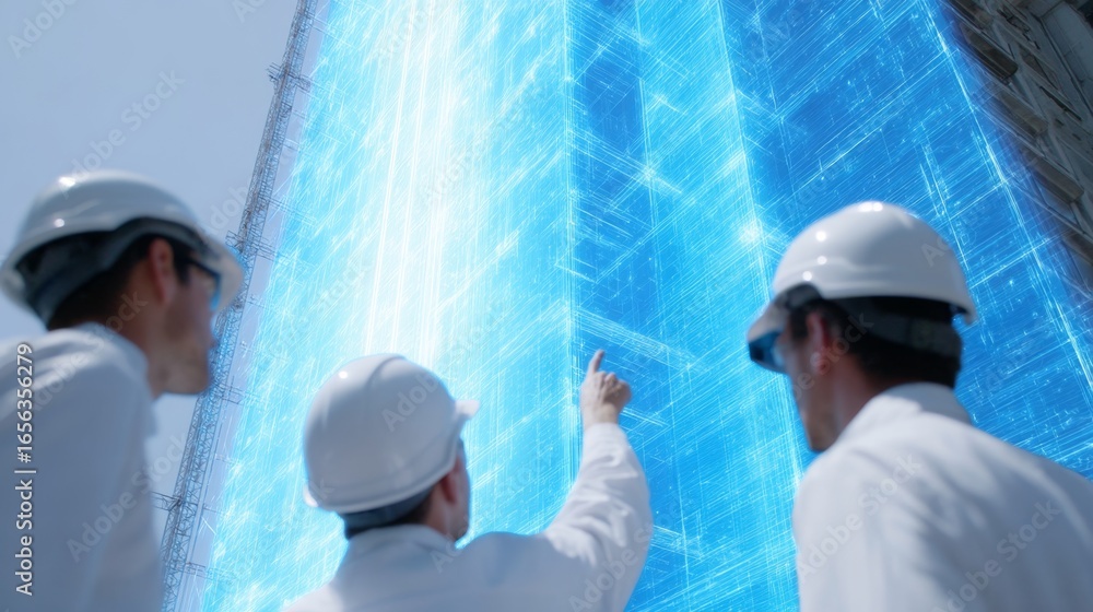 Poster Three professionals observe a futuristic digital blueprint. This image captures a moment of teamwork in construction and technology. Ideal for innovation and design contexts. AI
