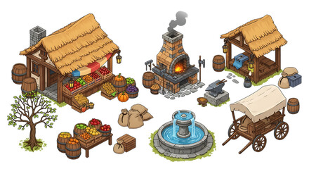Medieval marketplace with stalls, cooking area, and wooden cart on a transparent background
