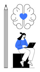 Woman seated with laptop, brain illustration merging heart for emotional intelligence, pencil symbolizing creativity. Ideal for education, innovation, focus, balance, emotional development, digital