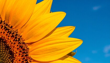 A stunning close-up of a vibrant yellow sunflower in full bloom, its golden petals contrasting against a brilliant clear blue summer sky background.