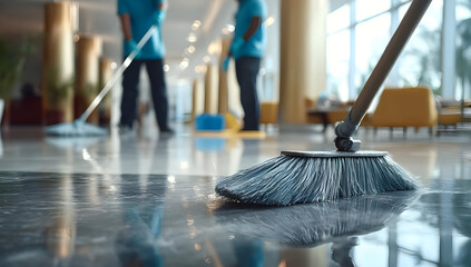 Obraz premium A close-up of a broom cleaning a polished floor in a modern office environment, showcasing professional cleaning services and teamwork in action.