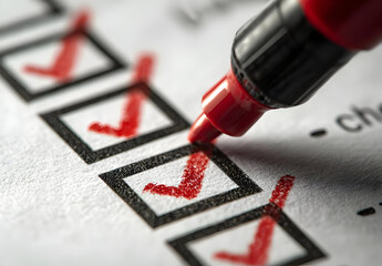 A close-up of a checklist being marked with red checkmarks, symbolizing task completion and organization in a professional setting.