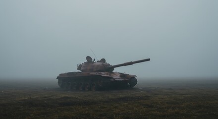 A lone military tank sits in a desolate, foggy field under a muted sky.