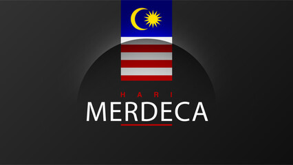 Template for Malaysia Independence day with black background red white stripes, moon and star on blue, shadow cut line. Vector holiday graphic banner design. Hari Merdeka text