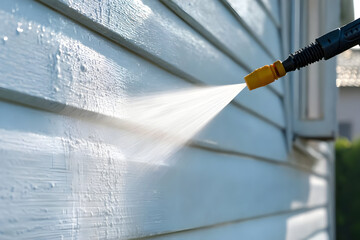 A close-up of a pressure washer cleaning a white wooden exterior, showcasing effective dirt removal and the importance of regular maintenance for homes.