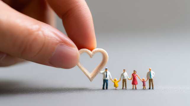 A Miniature family being embraced by the symbol of love, a heart symbol, a person's hand holding a heart symbol above a family. The figures represent parents, children, the idea of love.