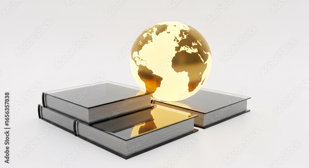 Poster gold globe resting on a stack of books.