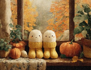 Two cozy, off-white figures in yellow knitted socks sit on a windowsill, surrounded by autumnal decorations