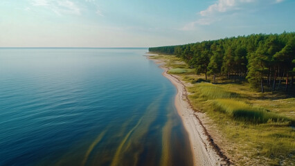 Fototapeta premium Majestic coastal landscape with cliffs, forest, and clear sea.
