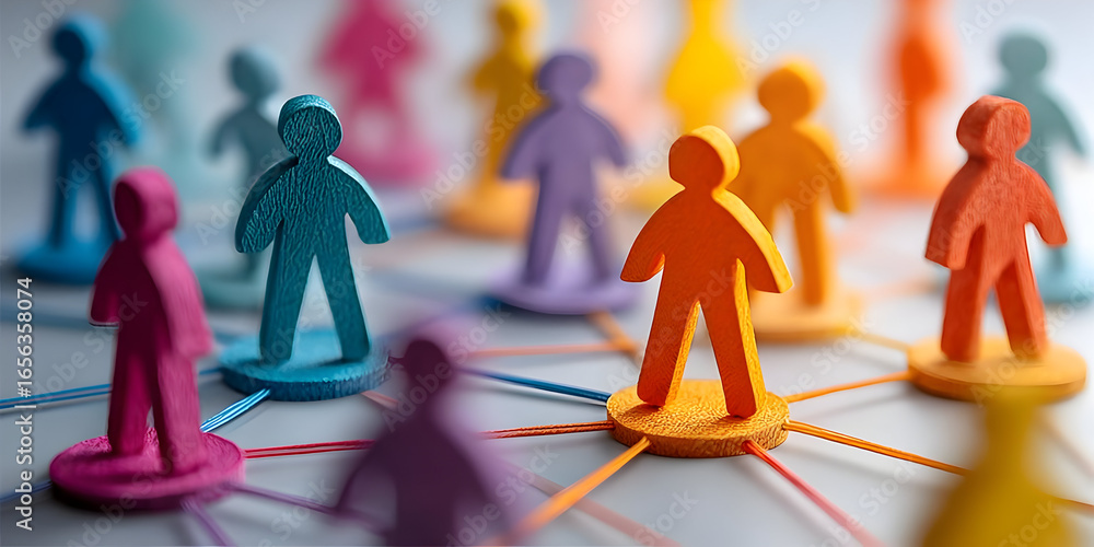 Poster a close-up of colorful network figures symbolizing social connections and teamwork in a digital worl