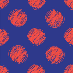 Vector illustration of seamless pattern of red scribbled circles on a blue background, abstract and modern design with a playful, energetic feel