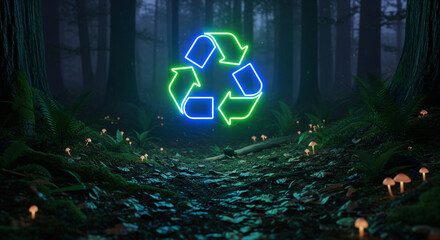 Glowing Neon Recycle Symbol in Forest Environment Concept Sustainability